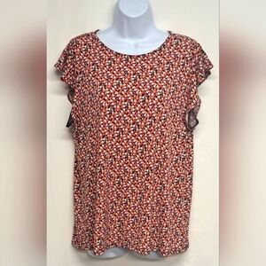 Premise L Top Slinky Stretch Knit Cap Ruffle Sleeeve Floral Colorful Like New